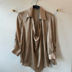 Vince Silk Cowl Neck Blouse Size 2 Champagne Taupe 3/4 Sleeve Tab Satin Top